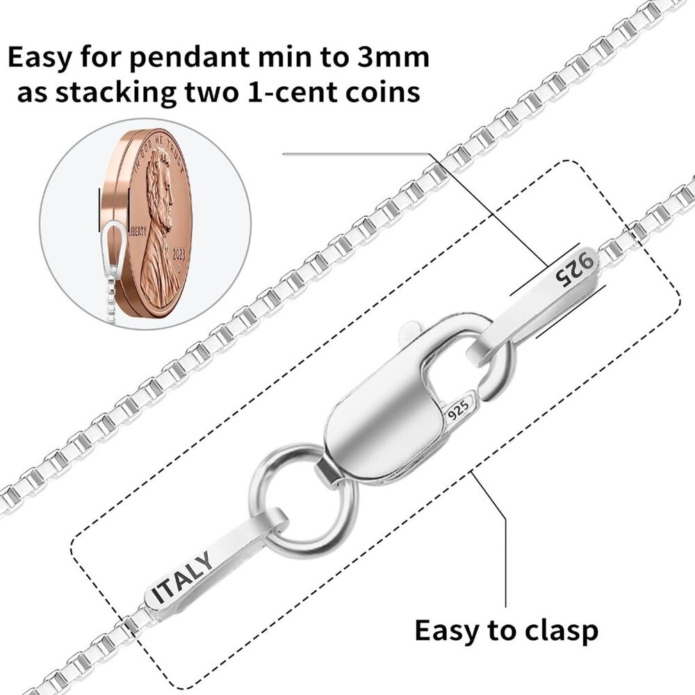 925 Sterling Silver Box Chain Necklace for Women, 1mm 0.8mm Replacement Link Cha - Picture 7 of 9